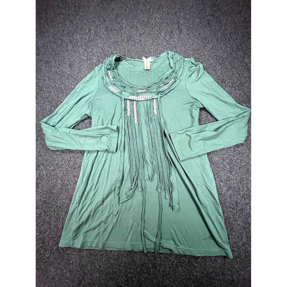Downeast Top Women's XS Sage Green Stretch Gathered Ruffled Collar Long Sleeve